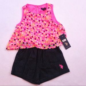 Pink polka dot top denim romper US Polo Assn 4T